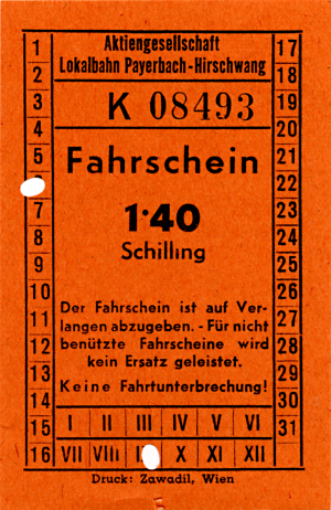 Fahrkarte Lokalbahn Payerbach-Hirschwang